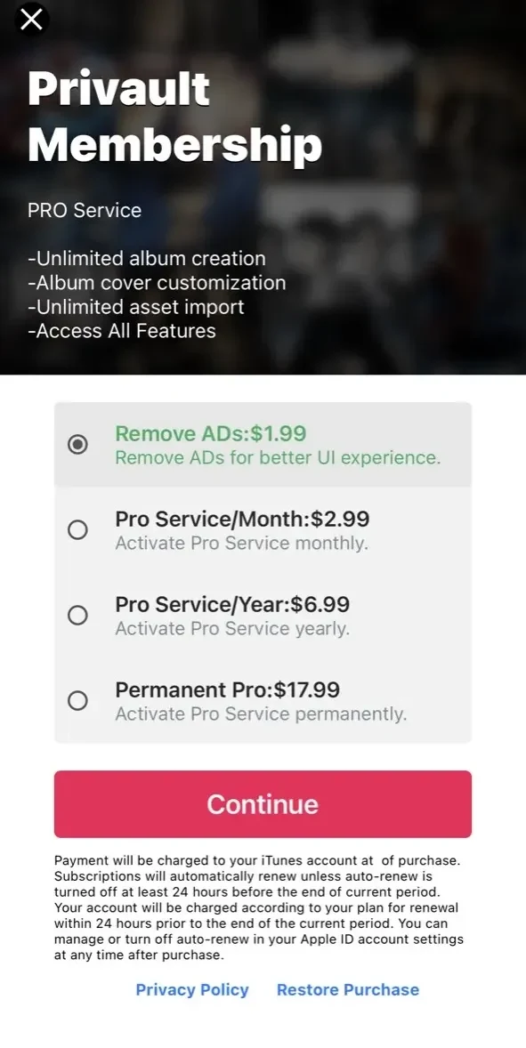 Privault paywall screen