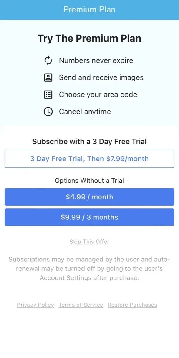 Private Texting SMS Phone Line paywall screen
