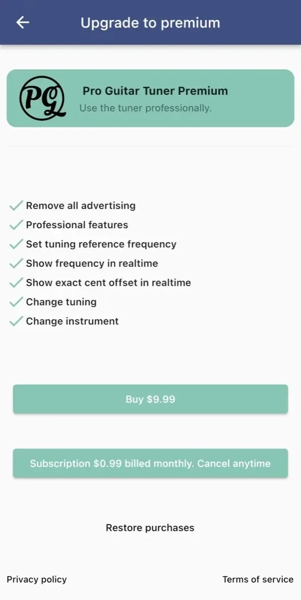 Pro Guitar Tuner paywall screen