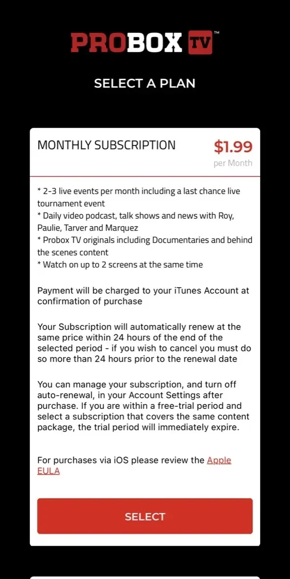 ProBox TV paywall screen