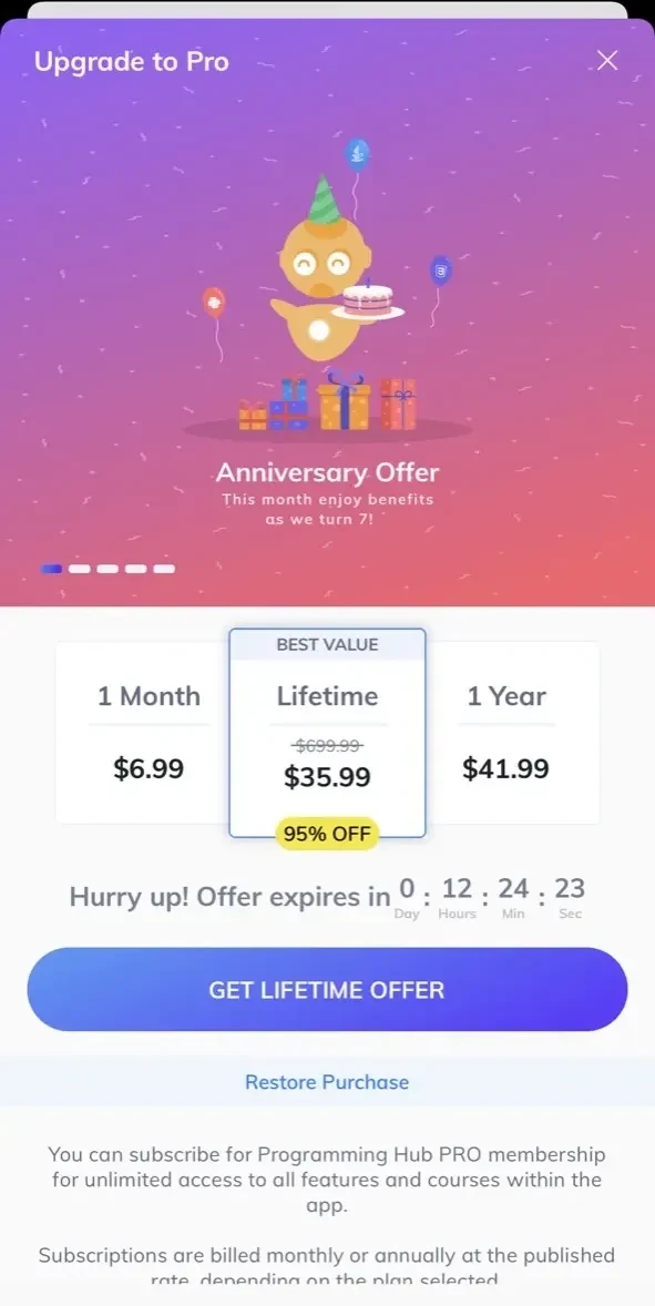 Programming Hub paywall screen