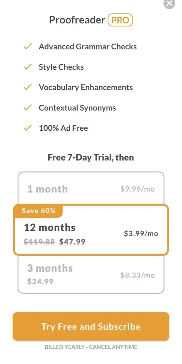 Proofreader AI Grammar Checker paywall screen