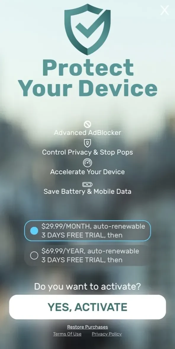 ProtectAd paywall screen