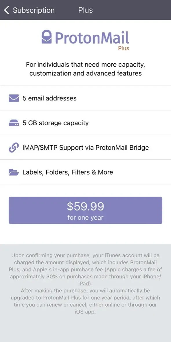 Proton Mail paywall screen