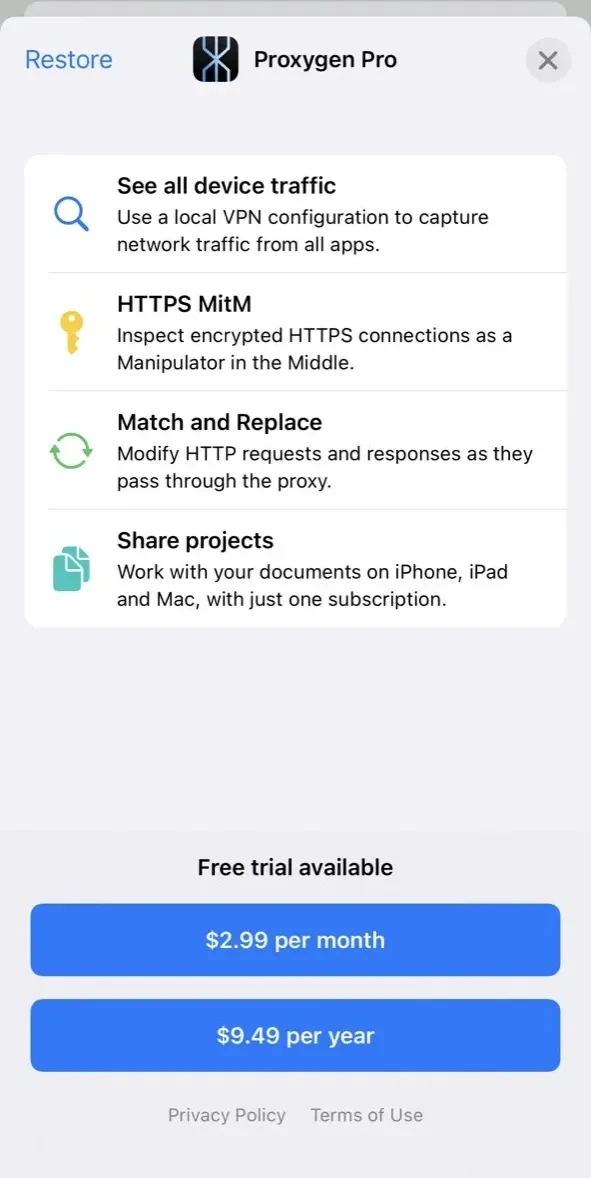 Proxygen paywall screen