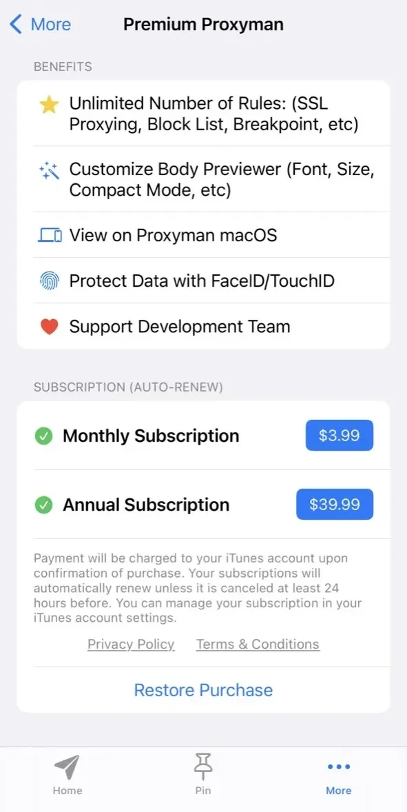 Proxyman paywall screen