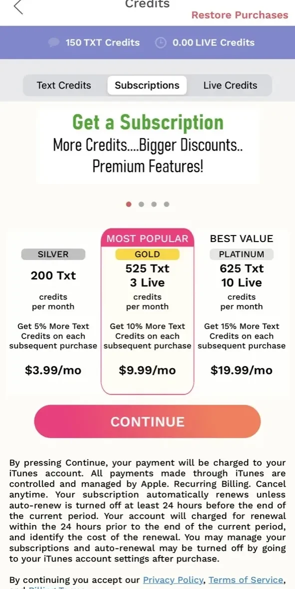 Psychic Txt paywall screen