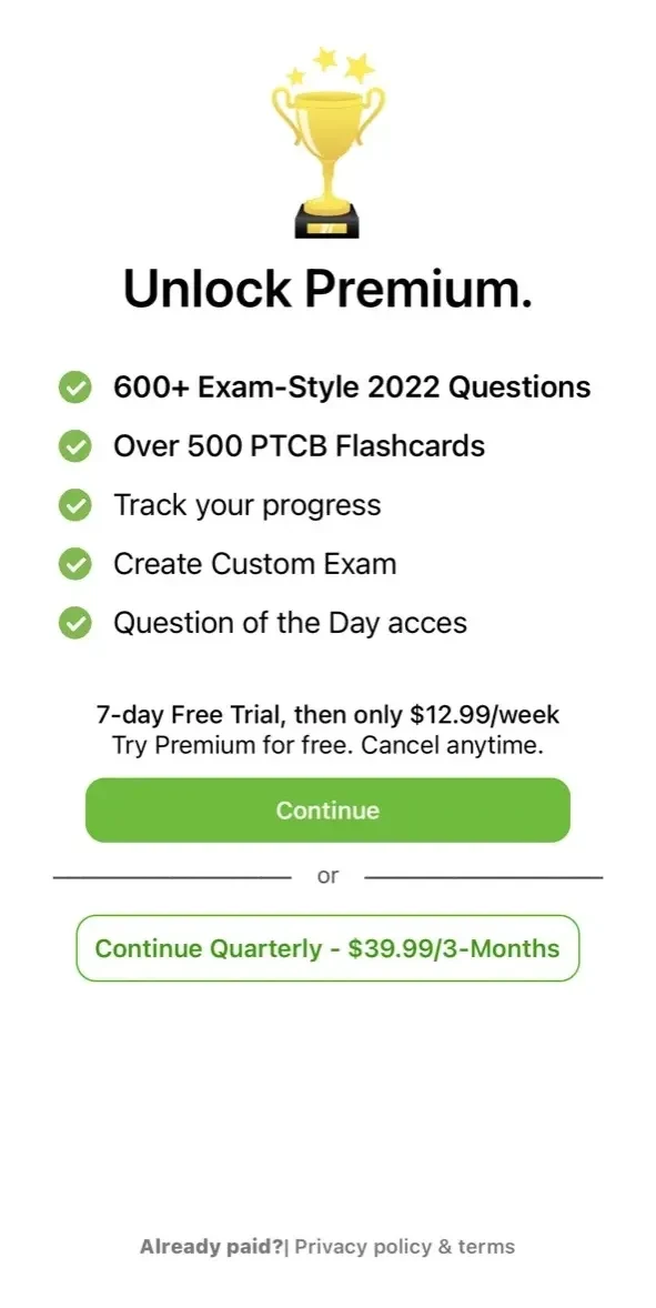 PTCB Exam Prep 2024 paywall screen