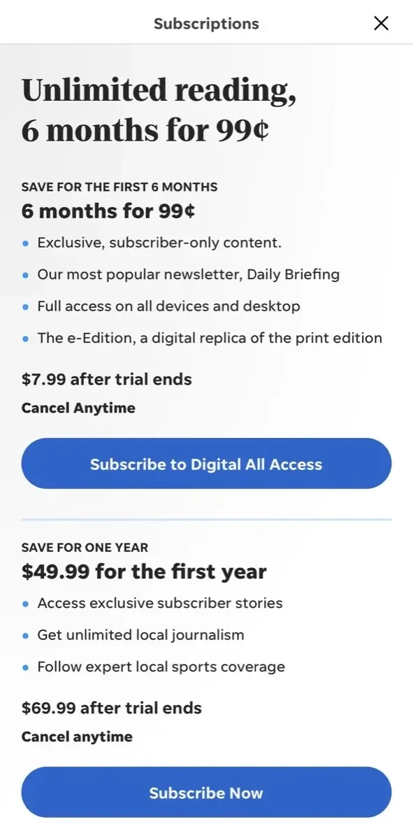 Pueblo Chieftain Headlines paywall screen