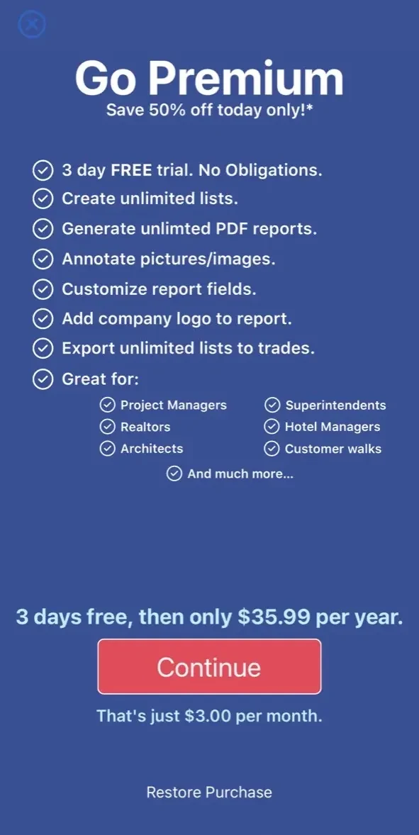 Punch List paywall screen