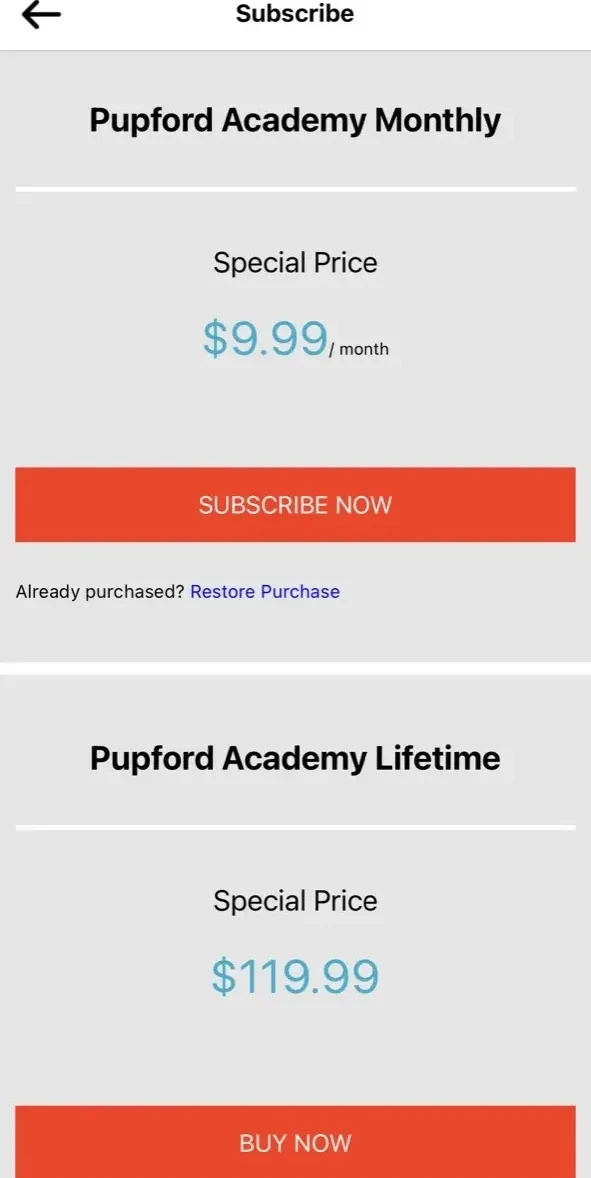 Pupford paywall screen