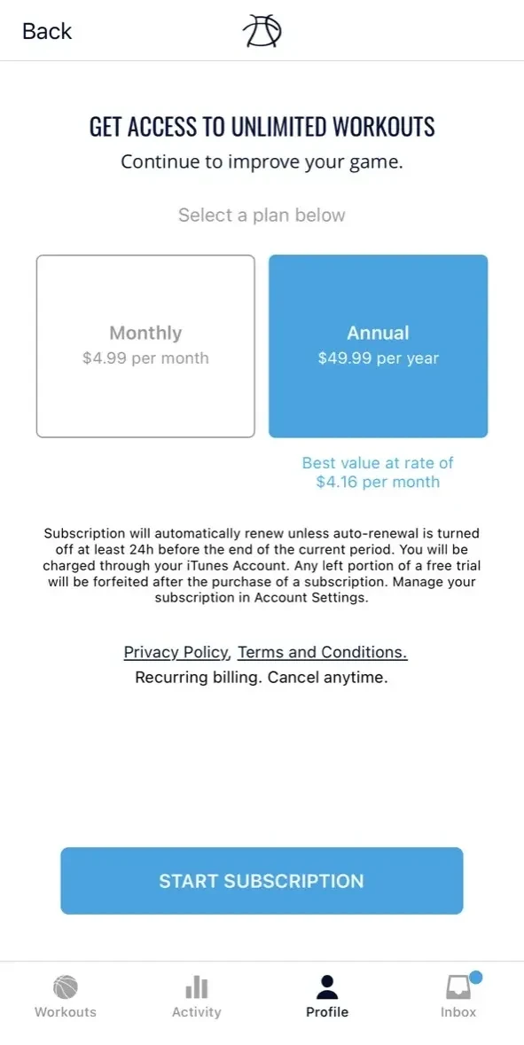 Pure Sweat Basketball Workouts paywall screen