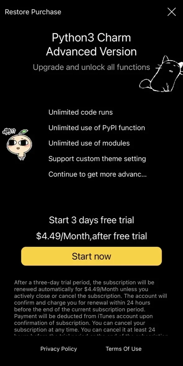 Python3 Charm paywall screen