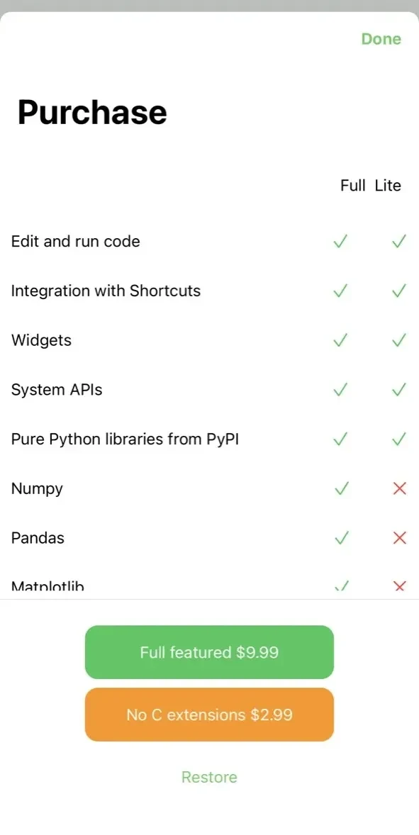 Pyto IDE paywall screen