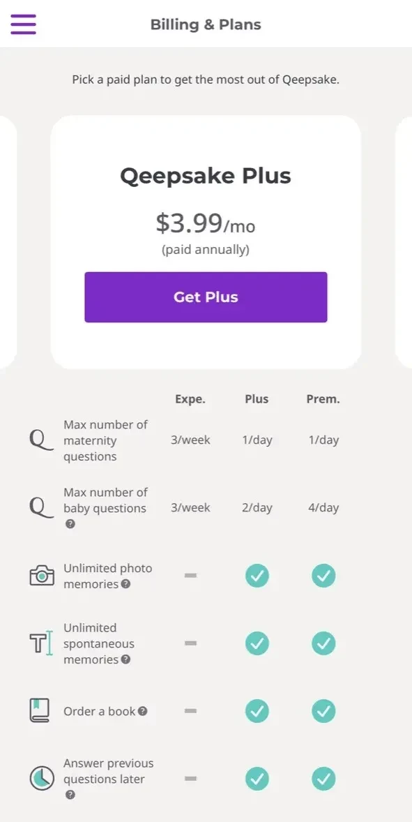Qeepsake paywall screen