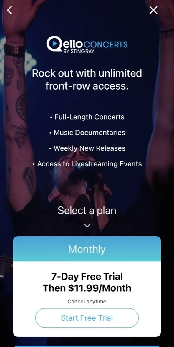 Qello paywall screen