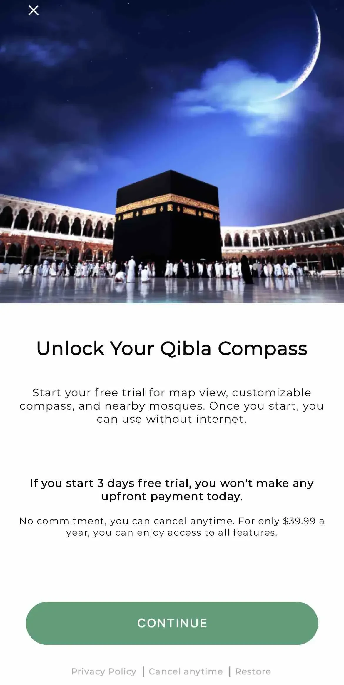 Qibla Finder Compass 100% paywall screen