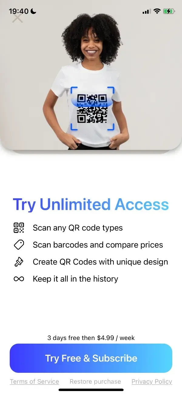 QR Code Reader paywall screen