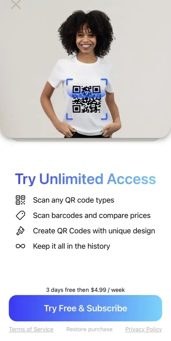 QR Code Reader paywall screen