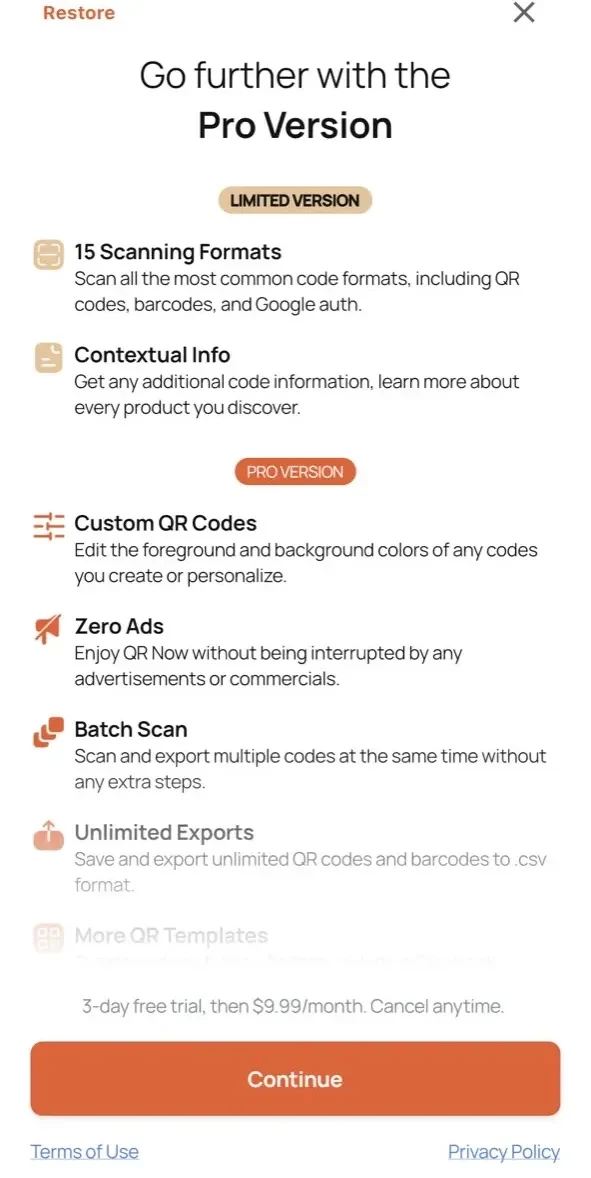 QR Code Reader＊Barcode Scanner paywall screen