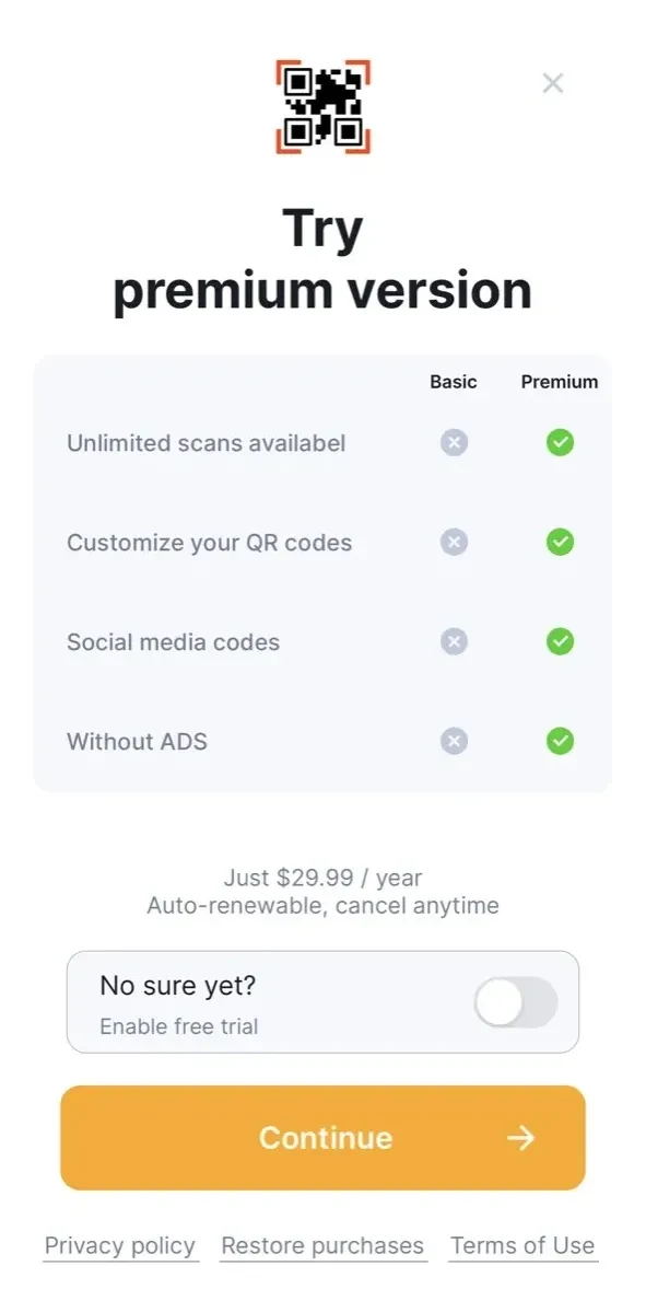 QR Code paywall screen