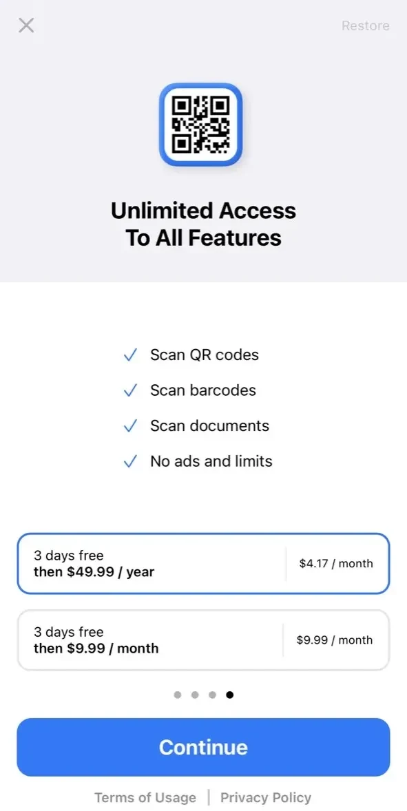 QR Code Reader ® paywall screen