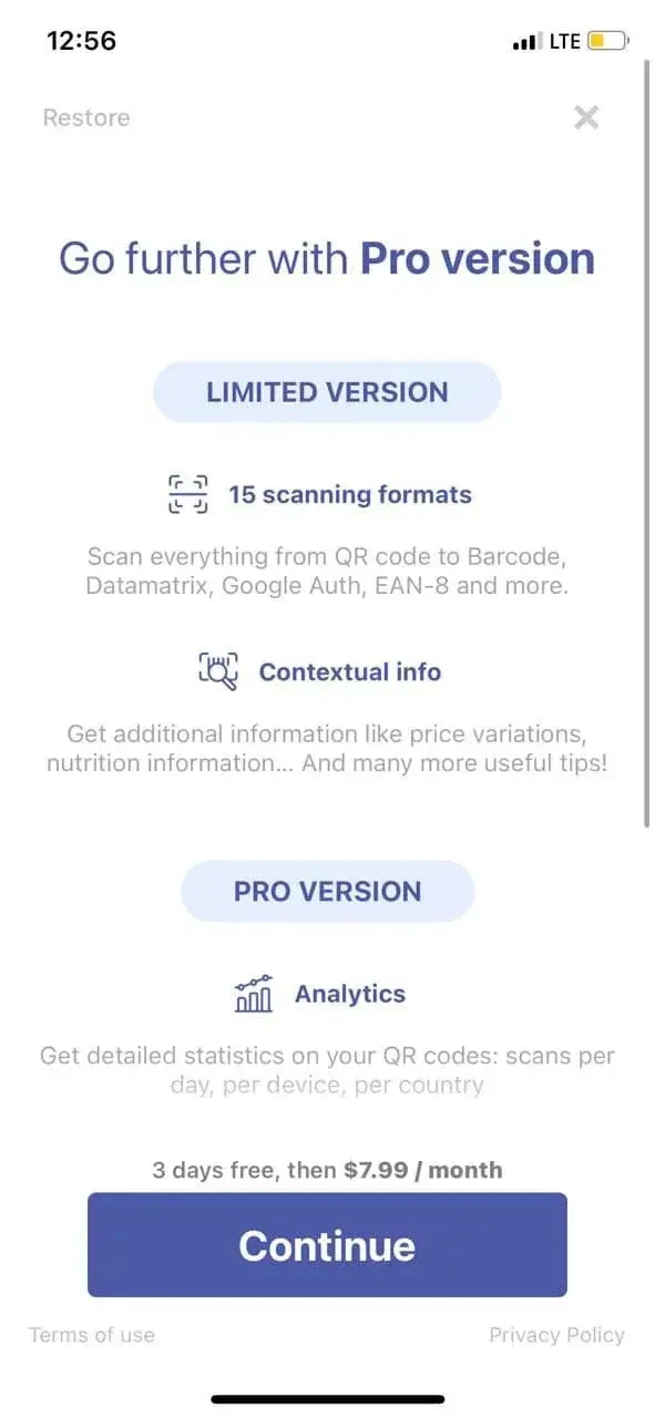 QR Code Reader paywall screen