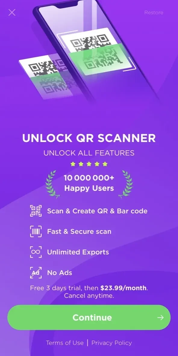 QR Code Scanner & QR Reader paywall screen