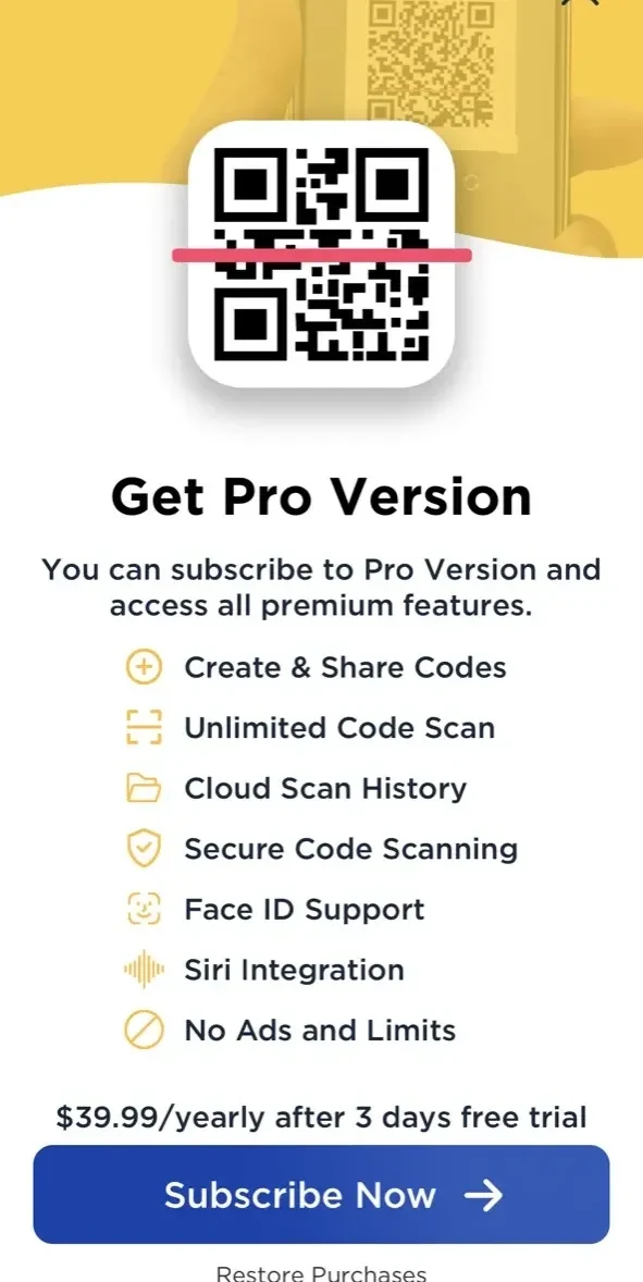 QR Code Scanner paywall screen