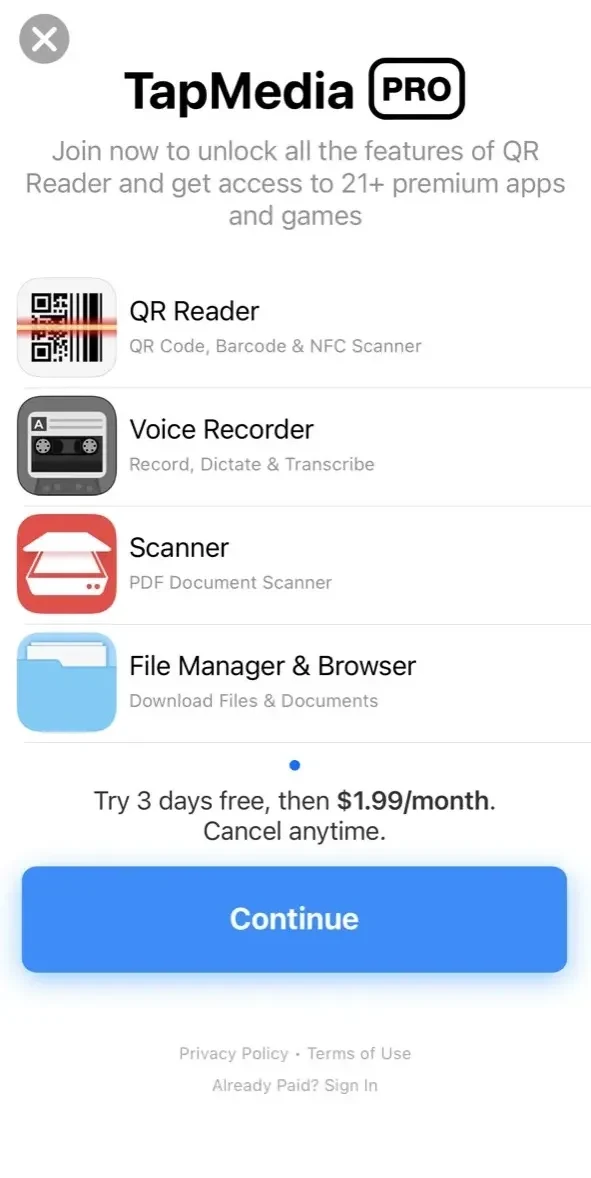 QR Reader paywall screen