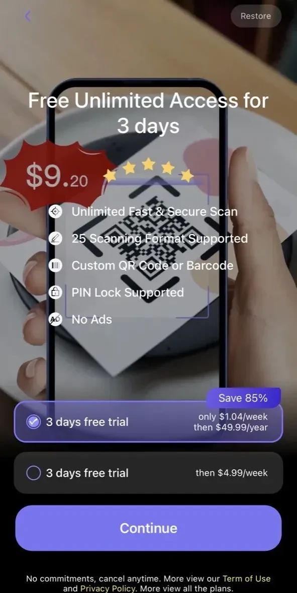 QR Reader paywall screen