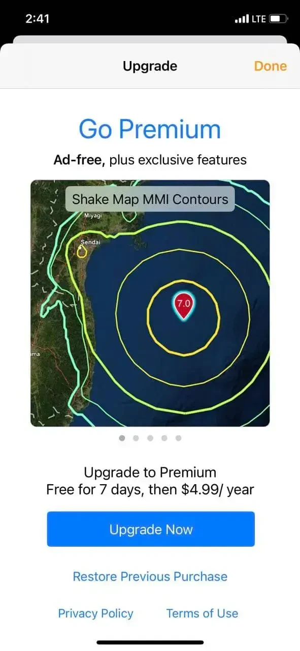 QuakeFeed Earthquake Tracker paywall screen