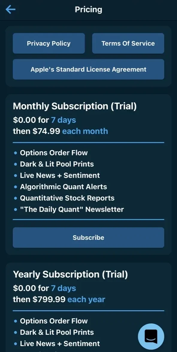 Quant Data paywall screen