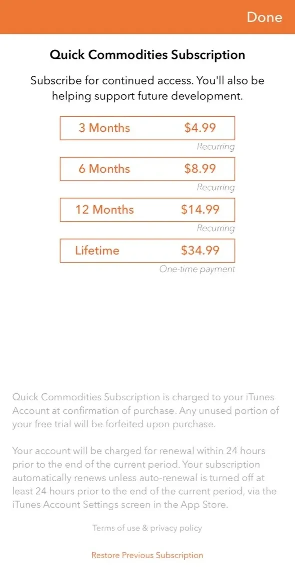 Quick Commodities paywall screen