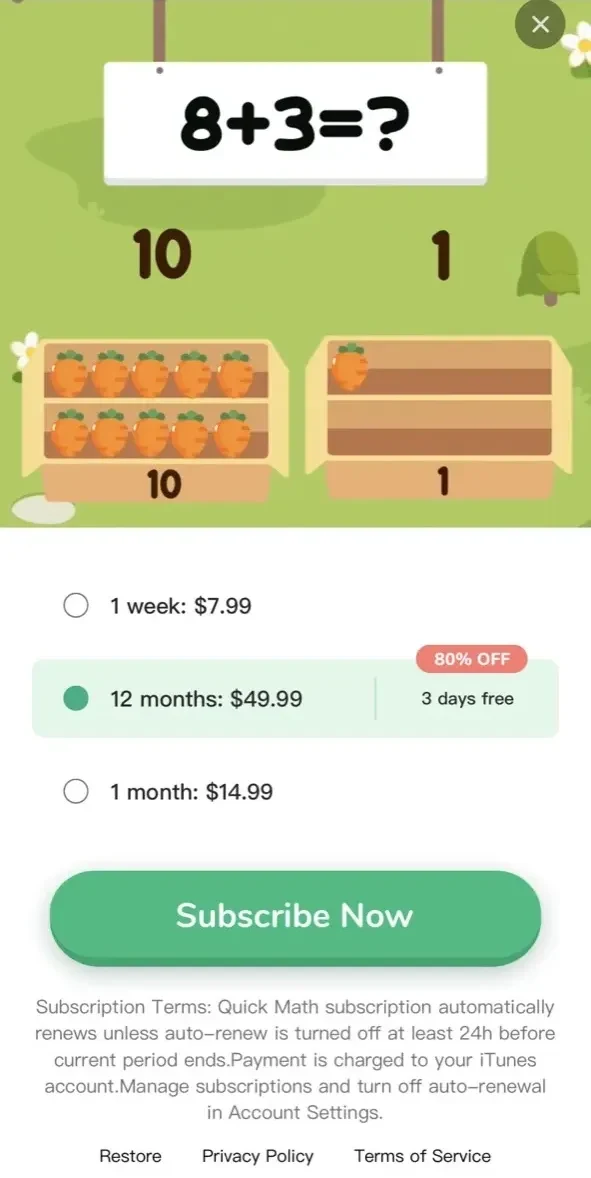 Quick Math paywall screen
