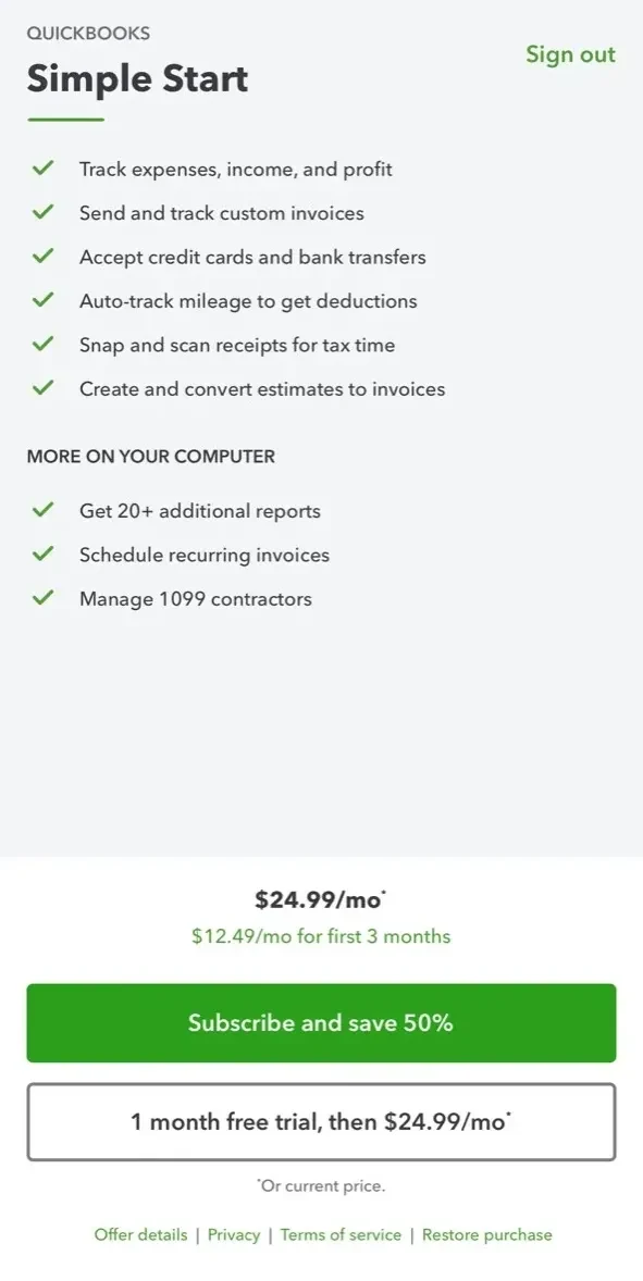QuickBooks Accounting paywall screen