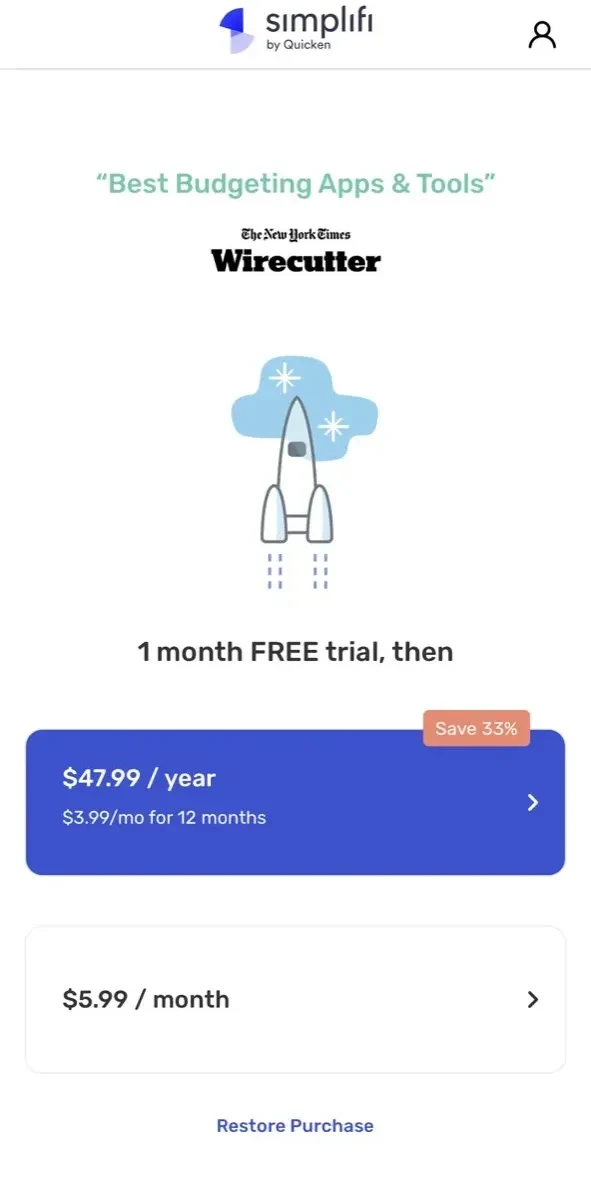 Quicken Simplifi paywall screen