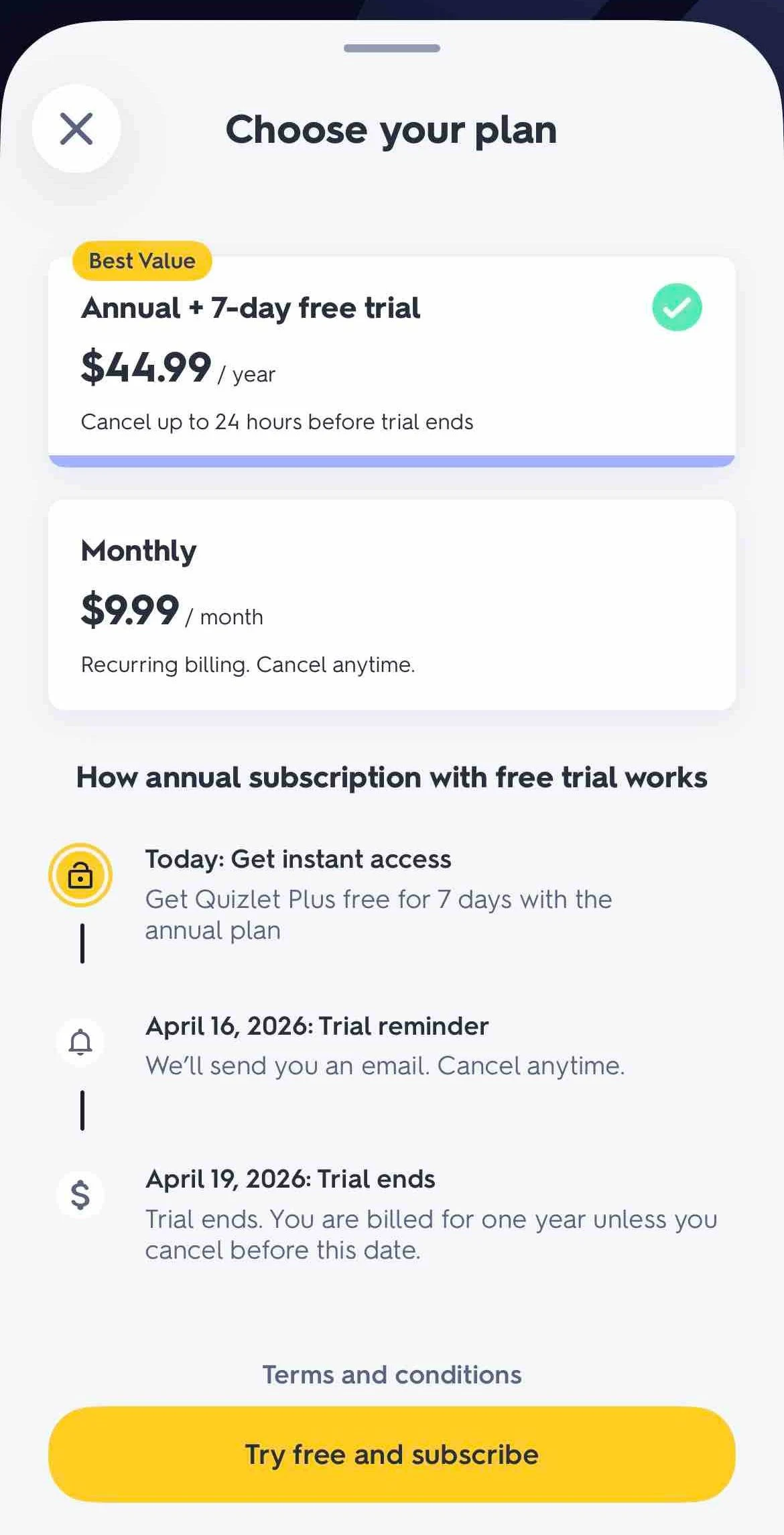 Quizlet paywall screen
