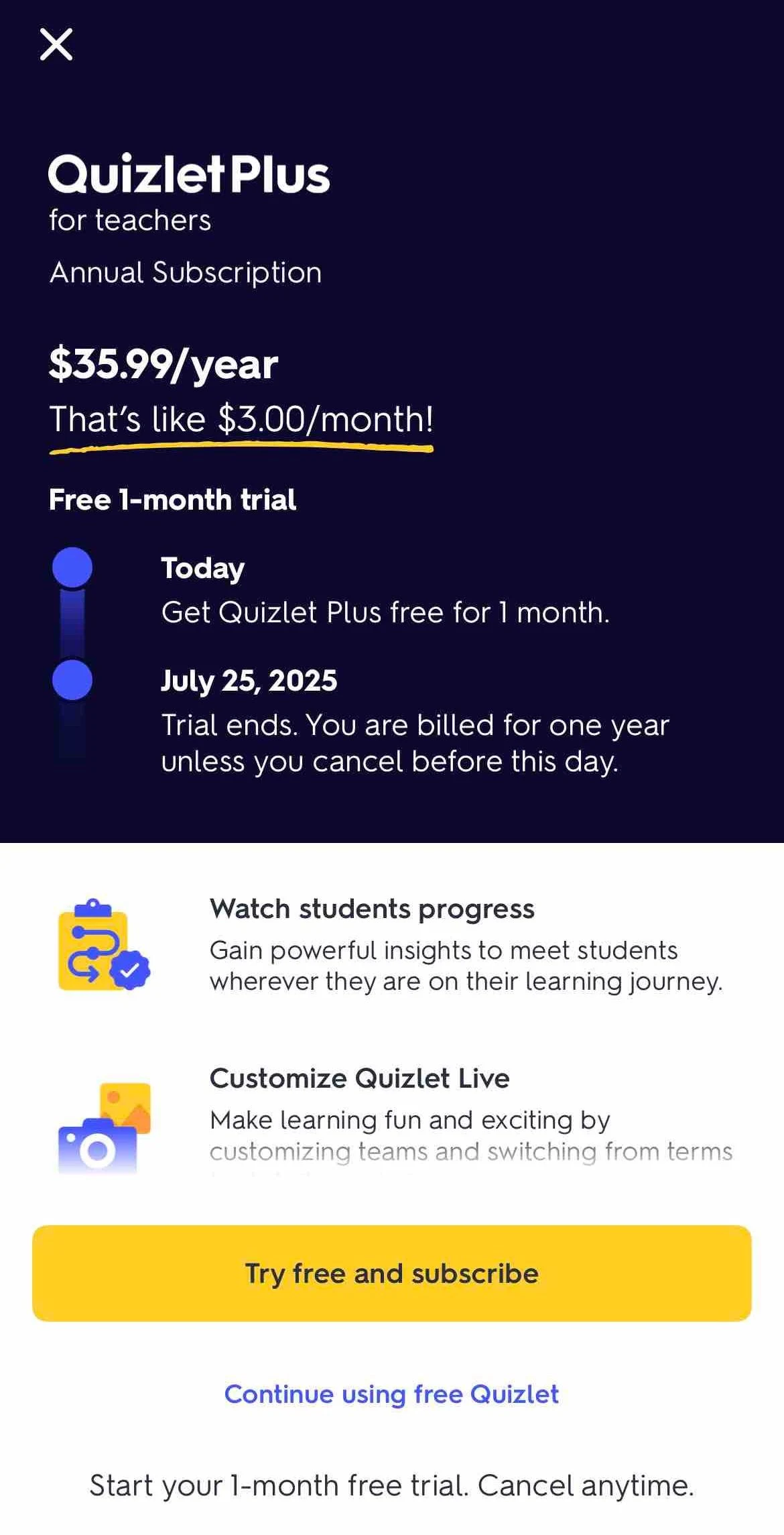 Quizlet paywall screen