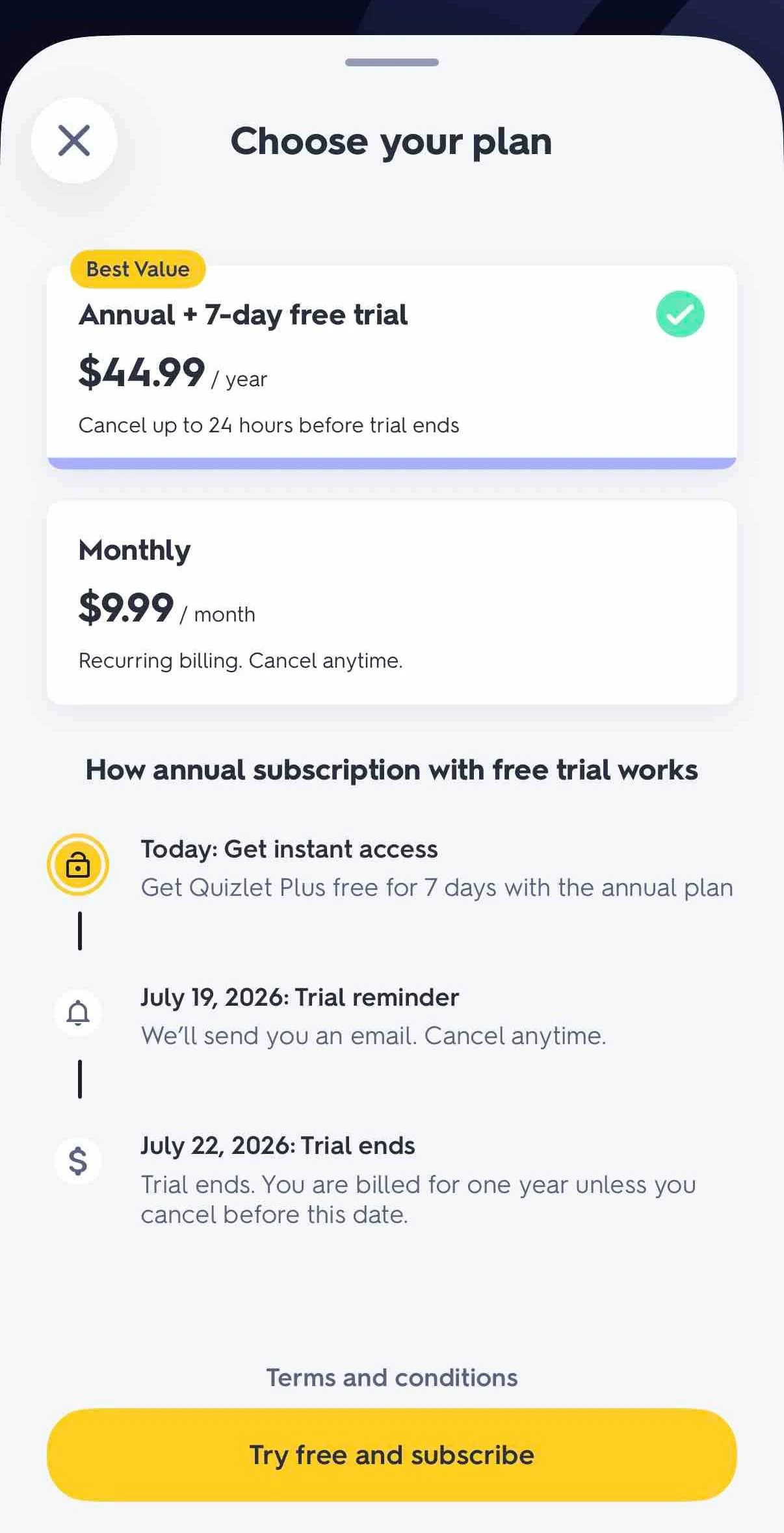 Quizlet paywall screen