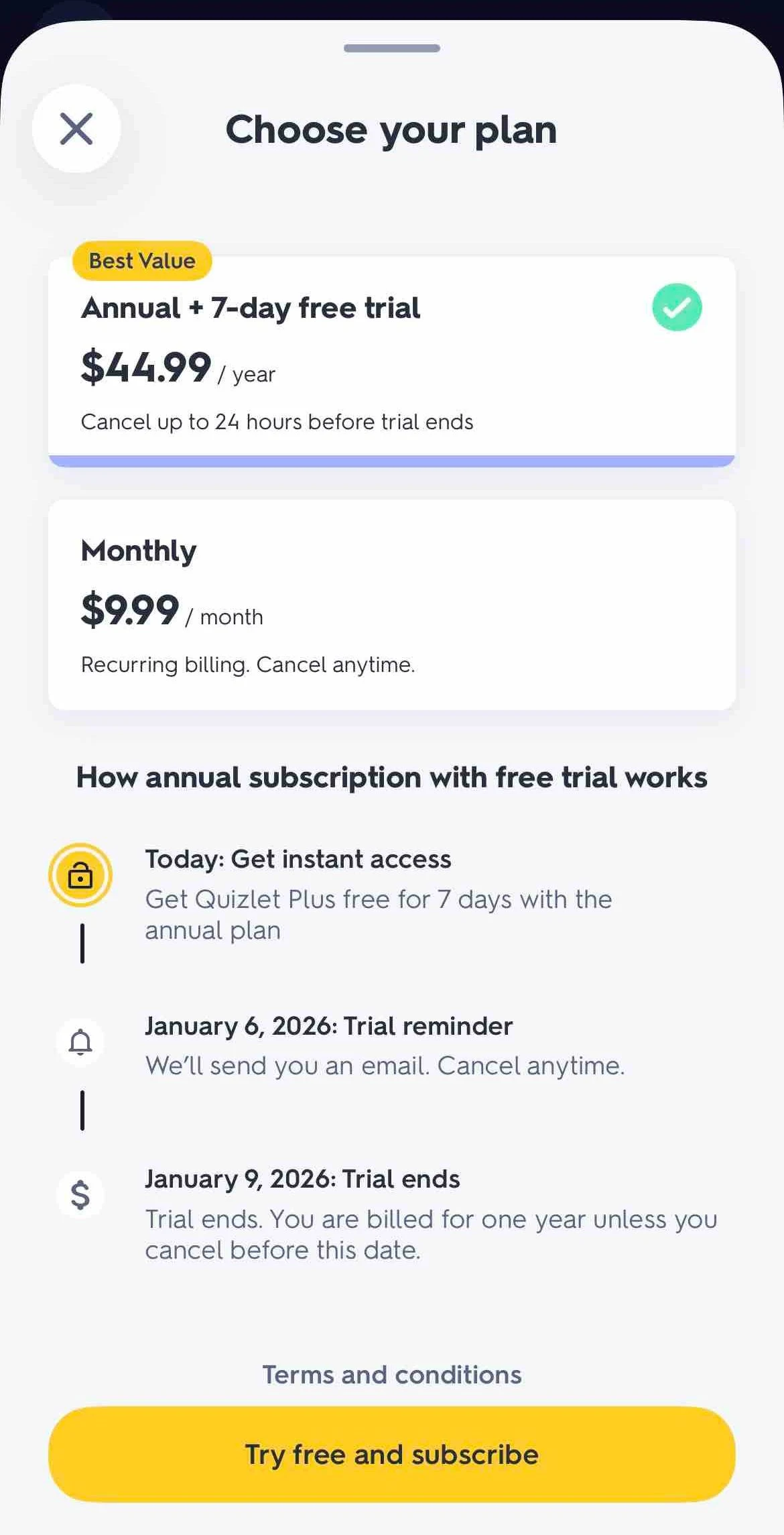 Quizlet paywall screen