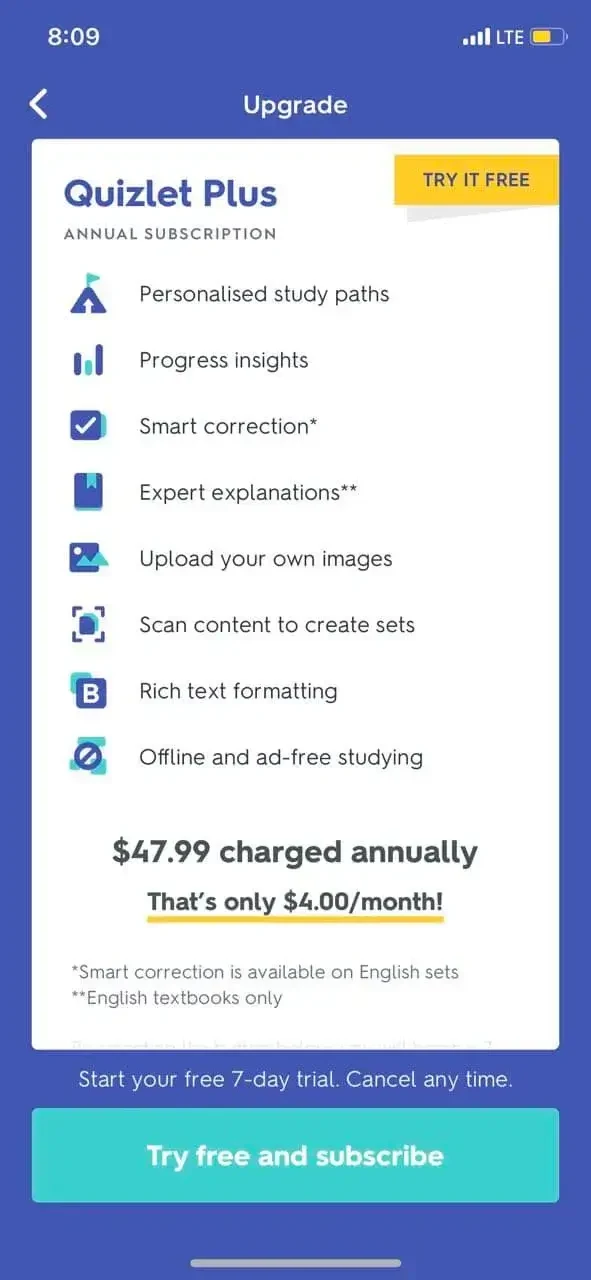 Quizlet paywall screen