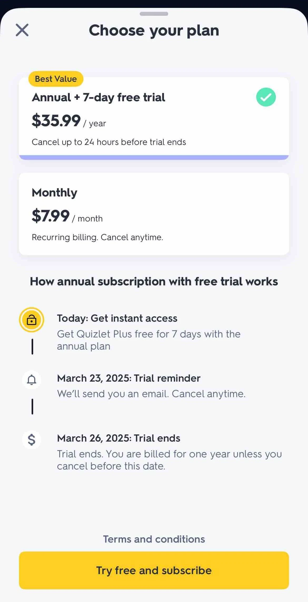 Quizlet paywall screen
