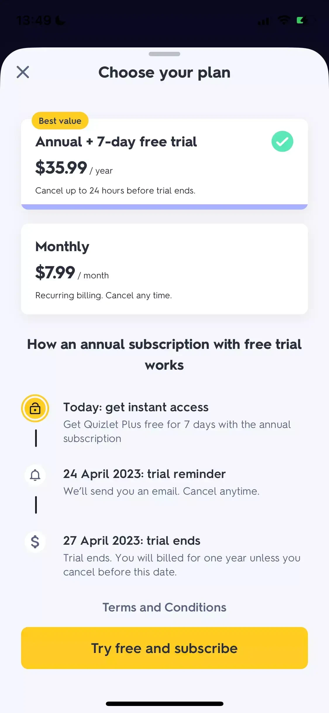 Quizlet paywall screen