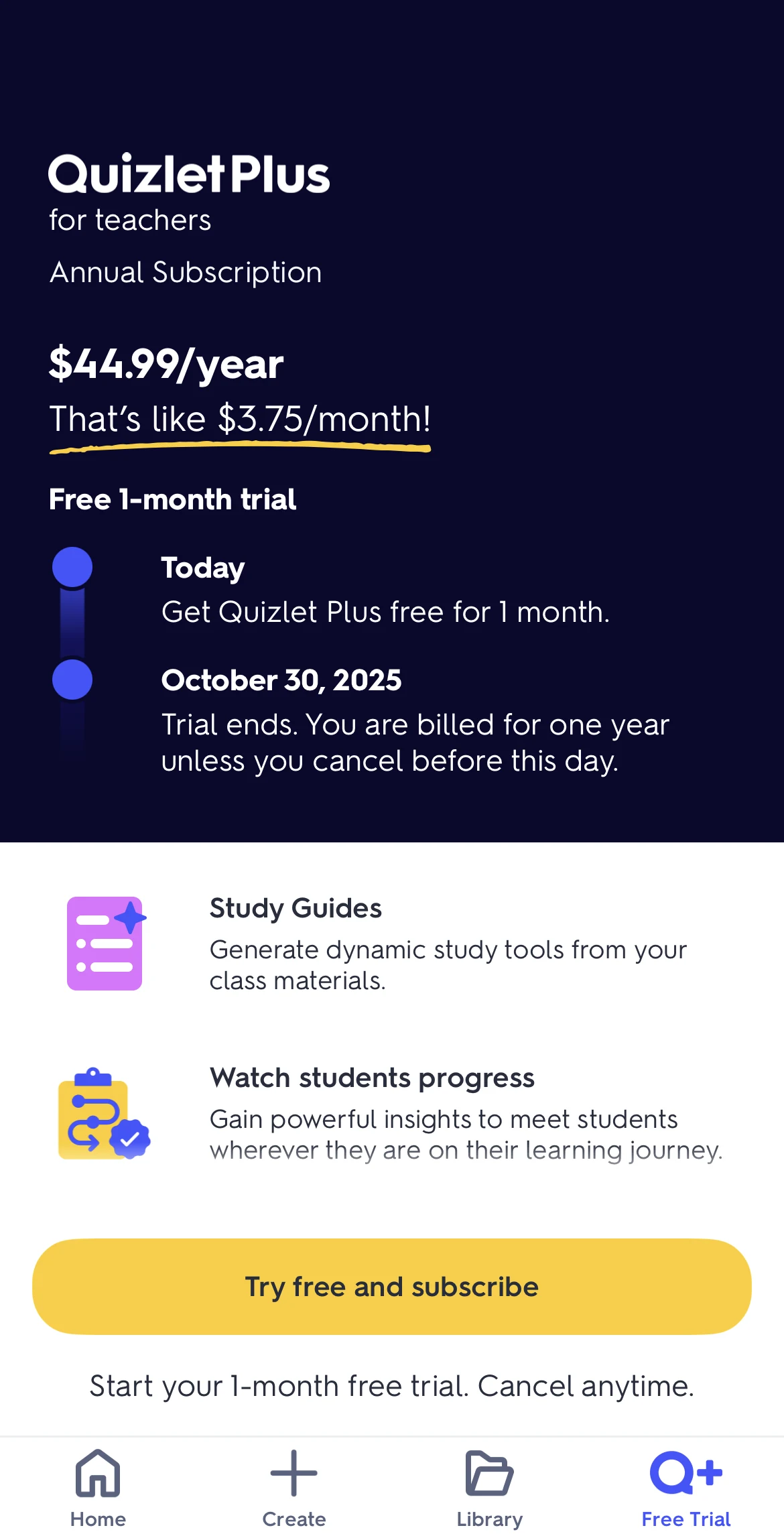 Quizlet paywall screen