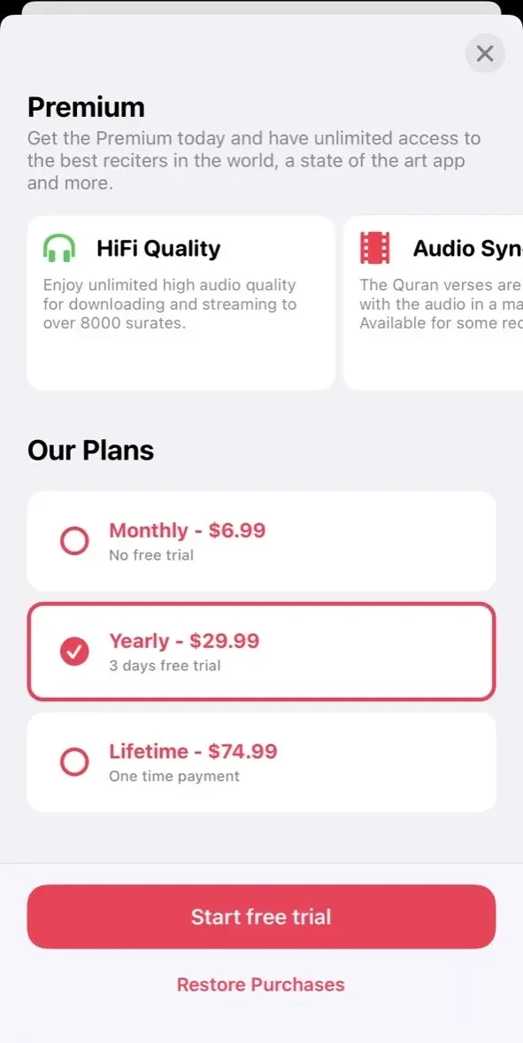 Quran Pro paywall screen
