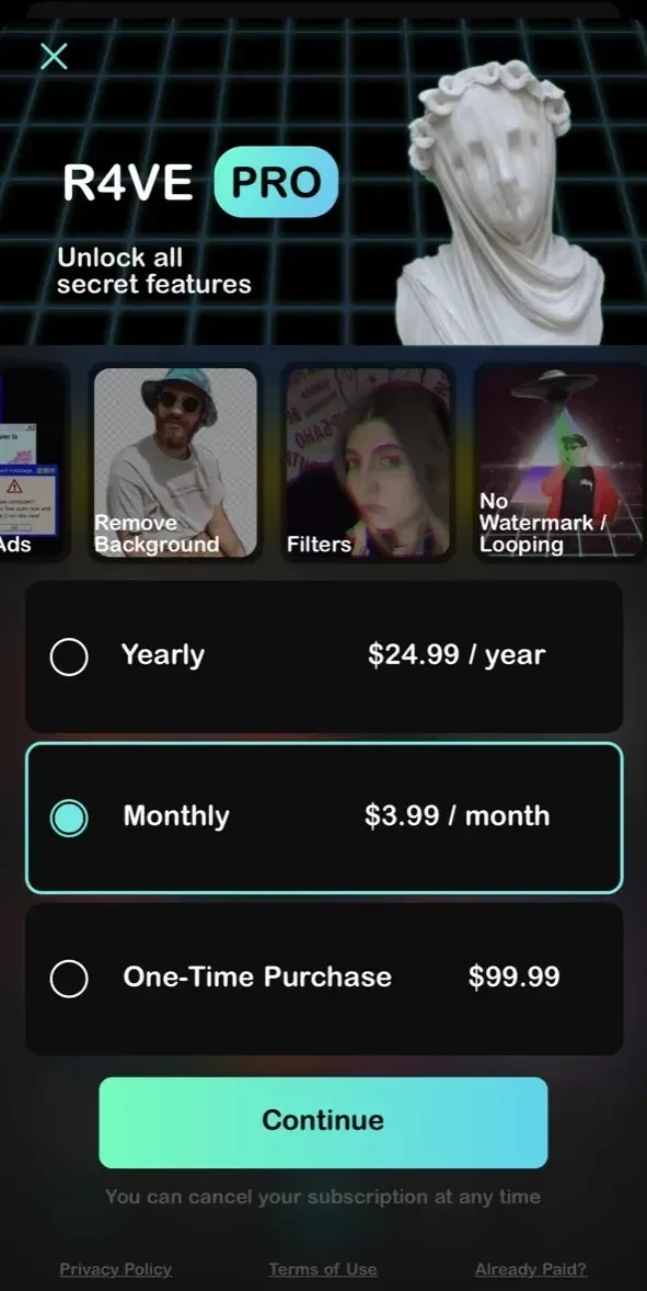 R4VE paywall screen