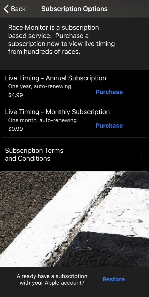 Race Monitor paywall screen