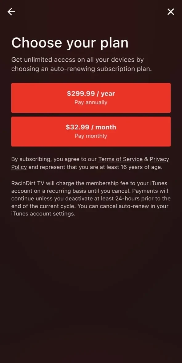 RacinDirt TV paywall screen