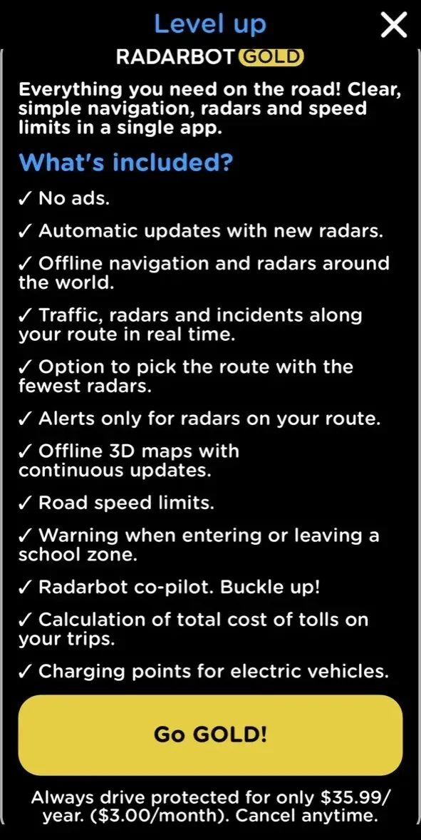 Radarbot: Speed Cameras paywall screen